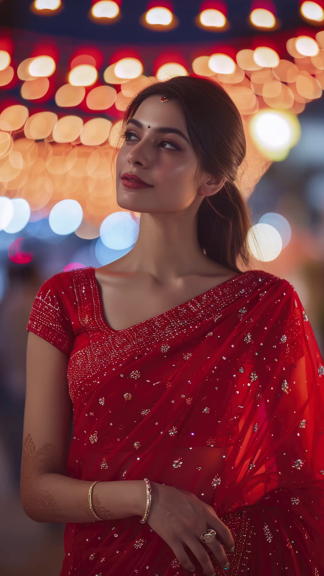 A beautiful woman wearing a red, embellished traditional Indian saree with bokeh lights in the background.