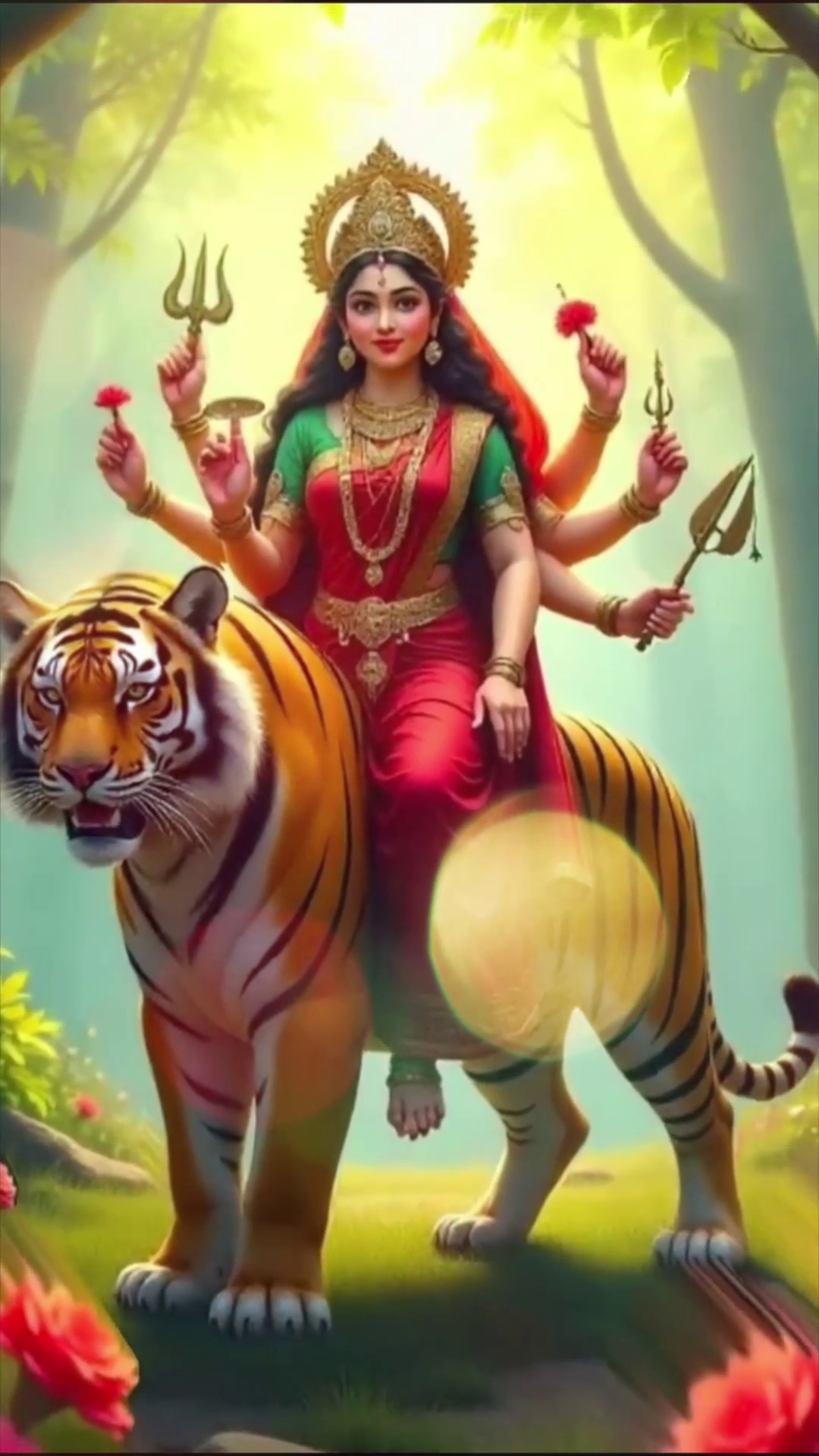 Goddess Durga riding a tiger in a lush green forest, holding multiple weapons and wearing traditional red and green attire.