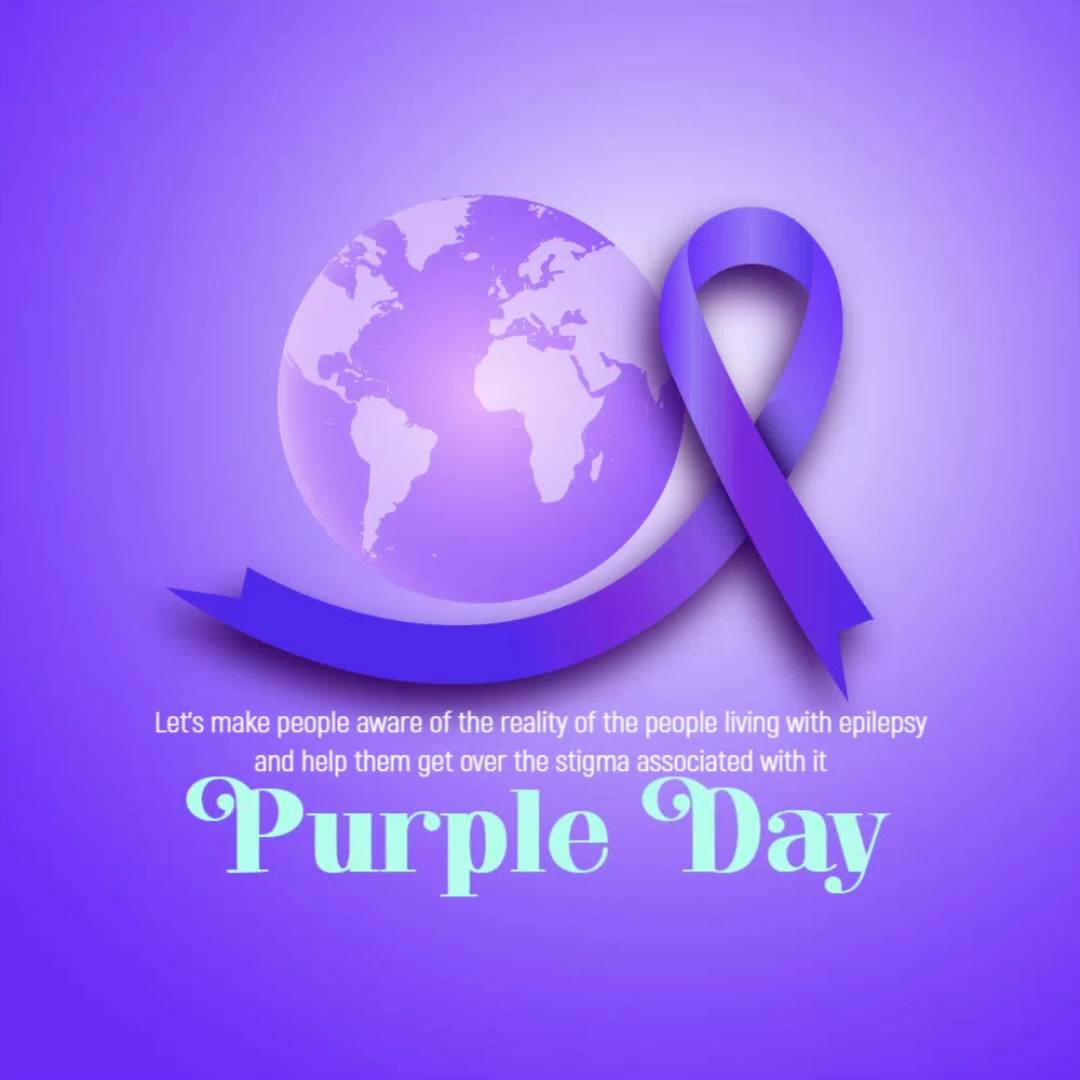 Purple Day graphic featuring a world globe and a purple awareness ribbon to support epilepsy awareness