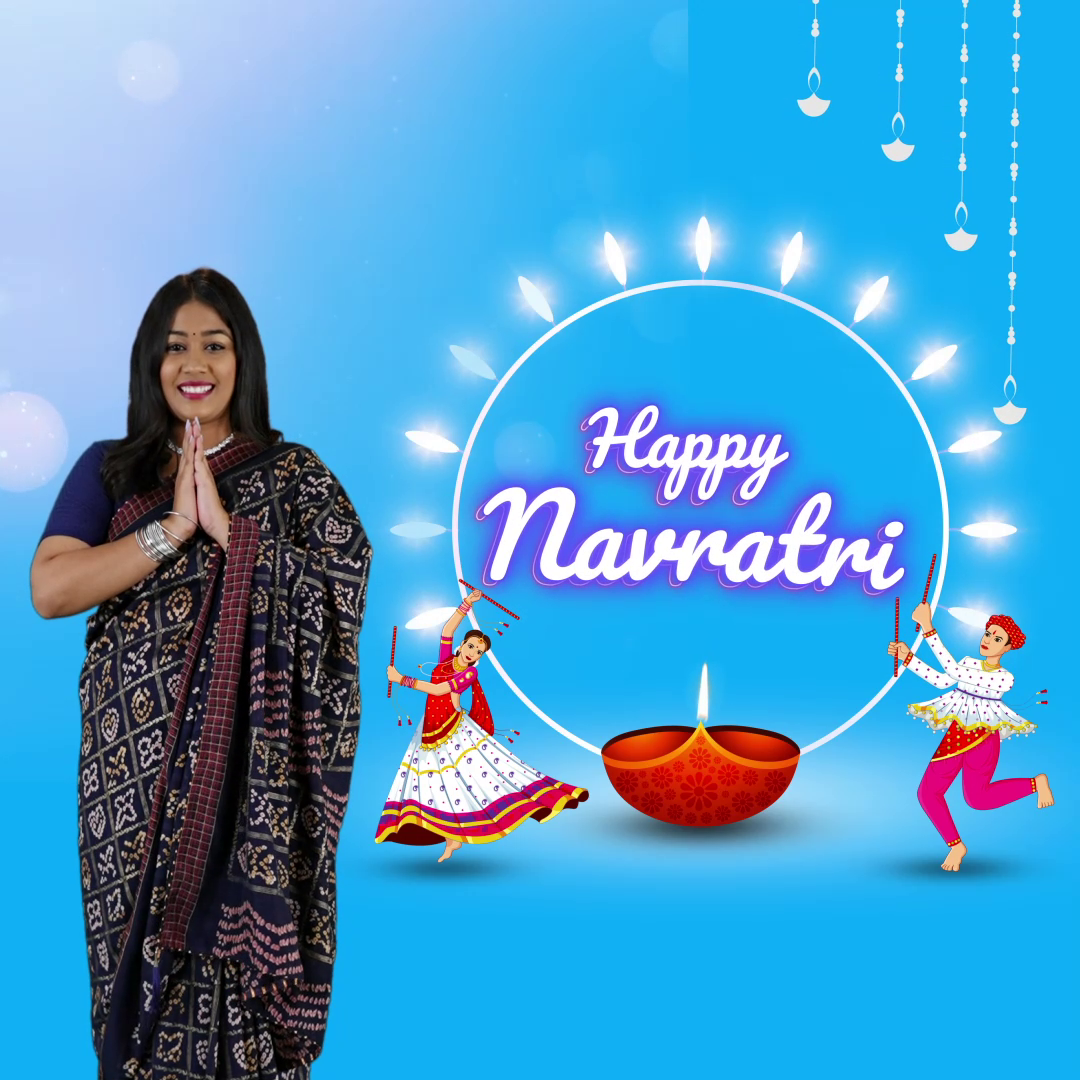 A smiling woman in a traditional saree wishing Happy Navratri with dancers and a diya