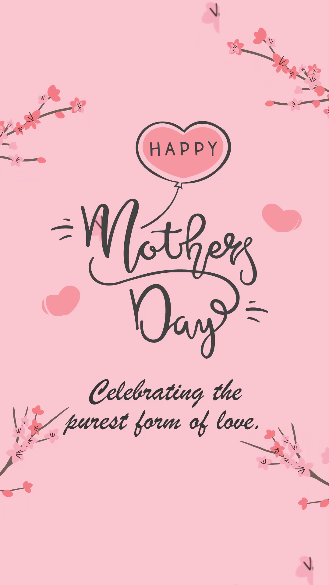 Happy Mother's Day graphic with a heart balloon and cherry blossom branches on a light pink background