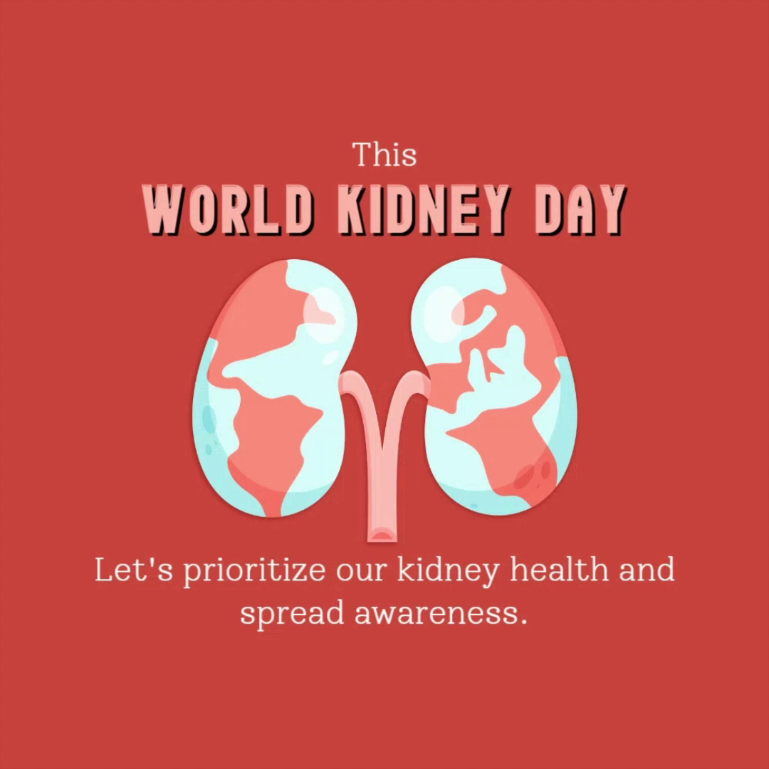 An illustration of two kidneys with a world map pattern on a red background for World Kidney Day.