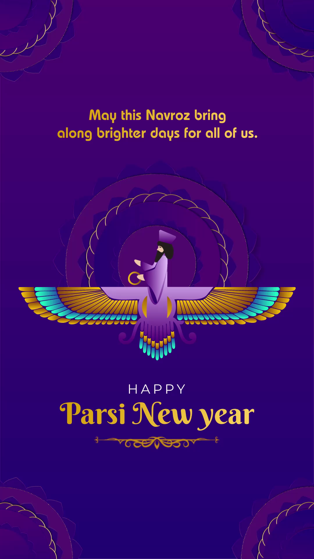 Decorative Parsi New Year card with Faravahar symbol and festive greeting text