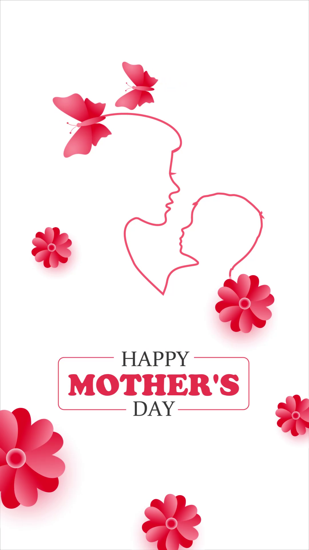 Minimalist pink line art of a mother and child with butterflies and flowers for Mother's Day