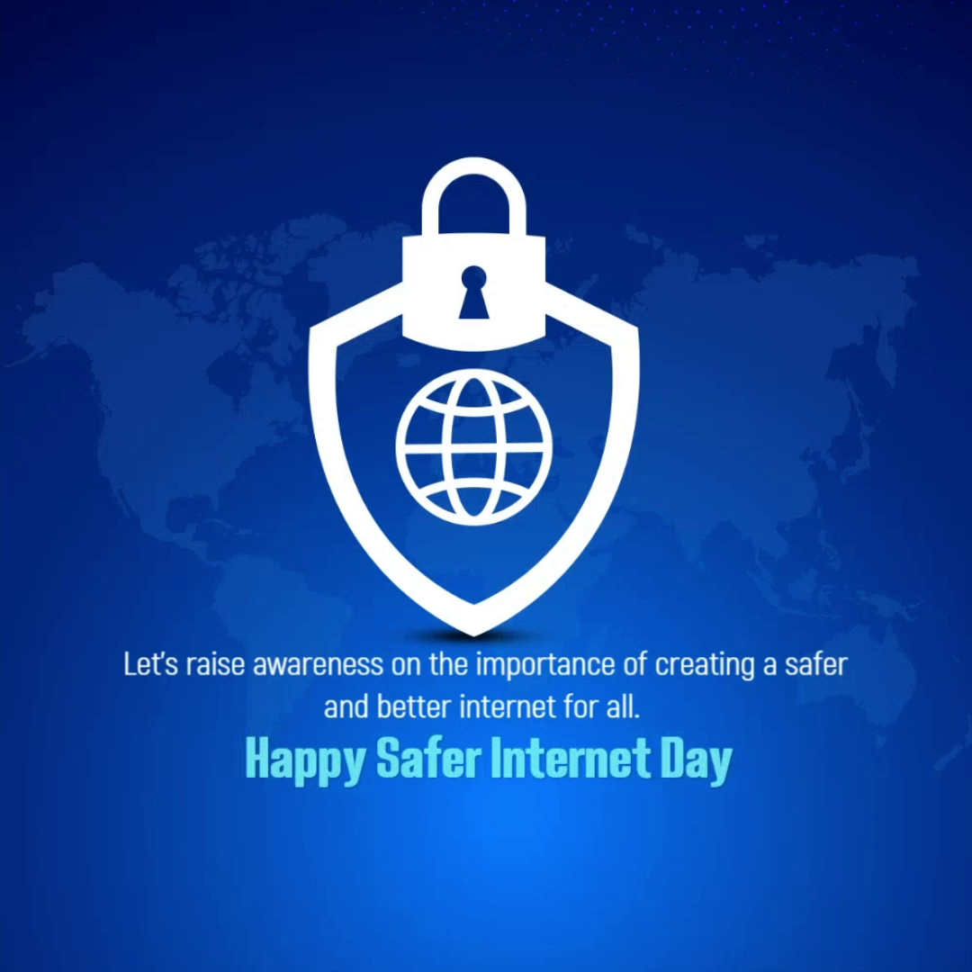 Safer Internet Day concept with a padlock and shield icon overlaying a world map on a blue gradient background.