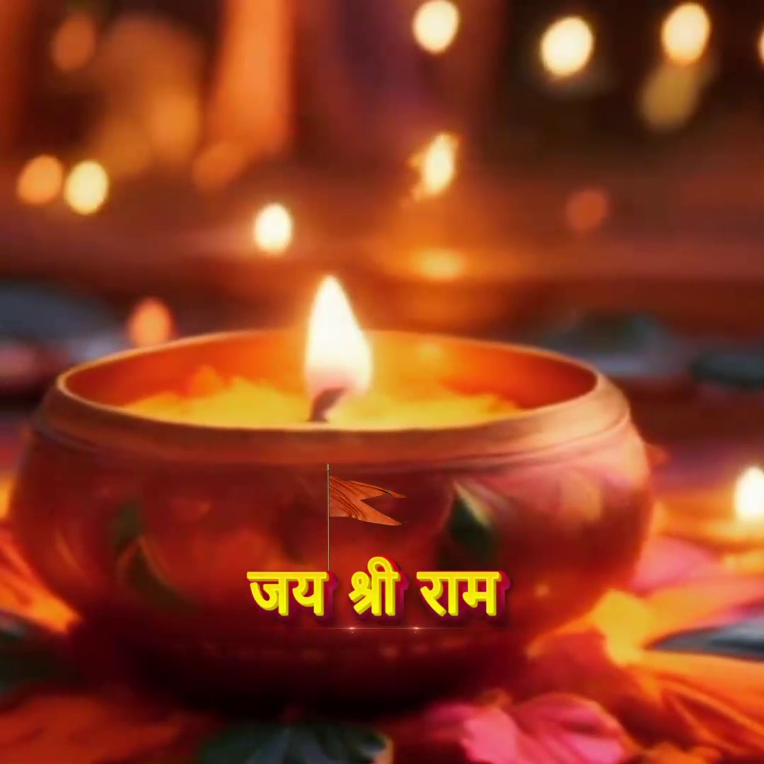An illuminated earthen lamp (diya) with the text Jai Shree Ram and a saffron flag, celebrating Diwali or Hindu festivities.