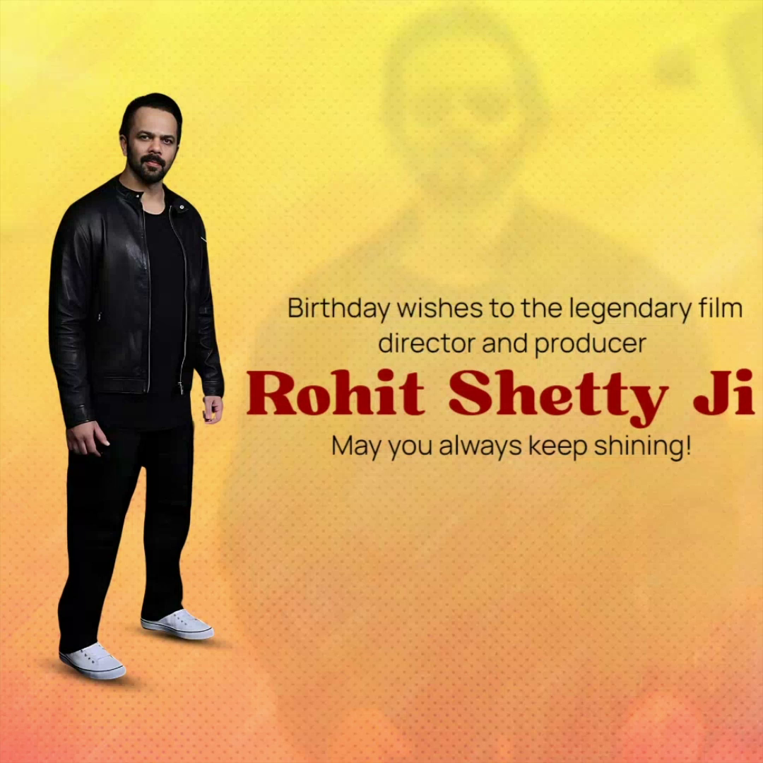 Indian film director Rohit Shetty in a black jacket against a yellow gradient background