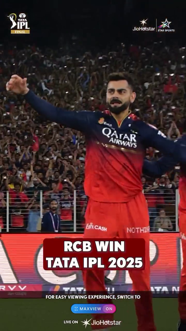 Virat Kohli cheering in Royal Challengers Bengaluru kit at Tata IPL 2025 final