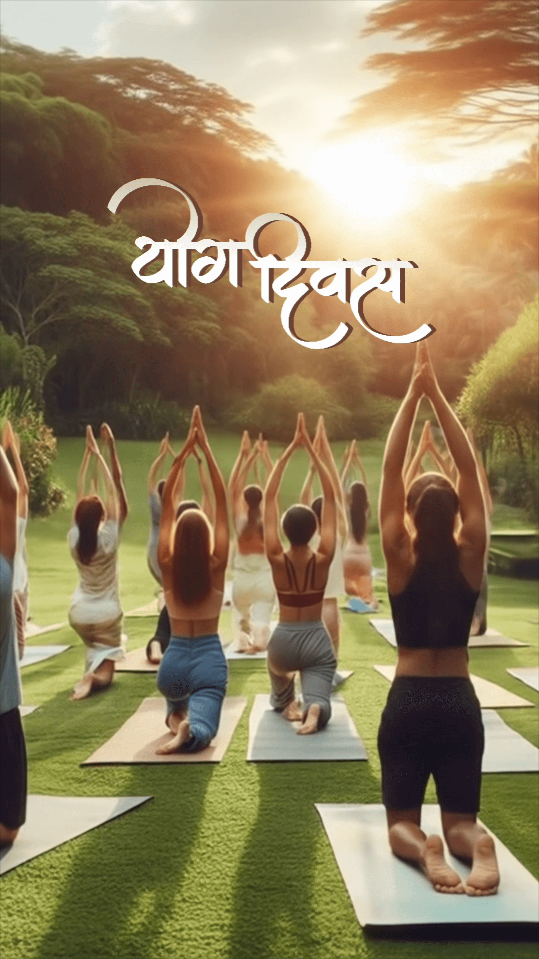 A group of people practicing yoga outdoors in a park at sunset