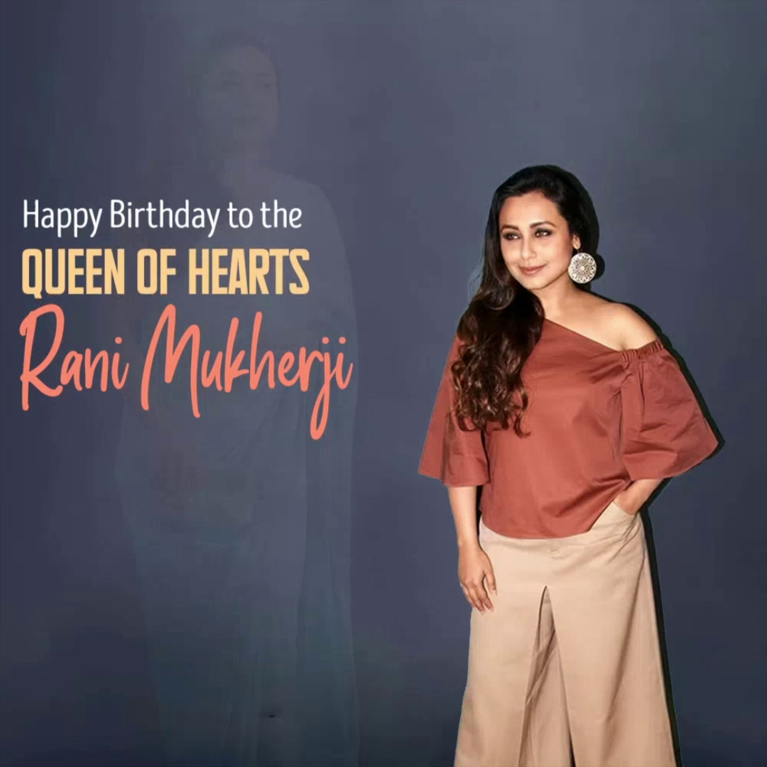 Rani Mukerji posing in a brown top and beige culottes with birthday text overlay
