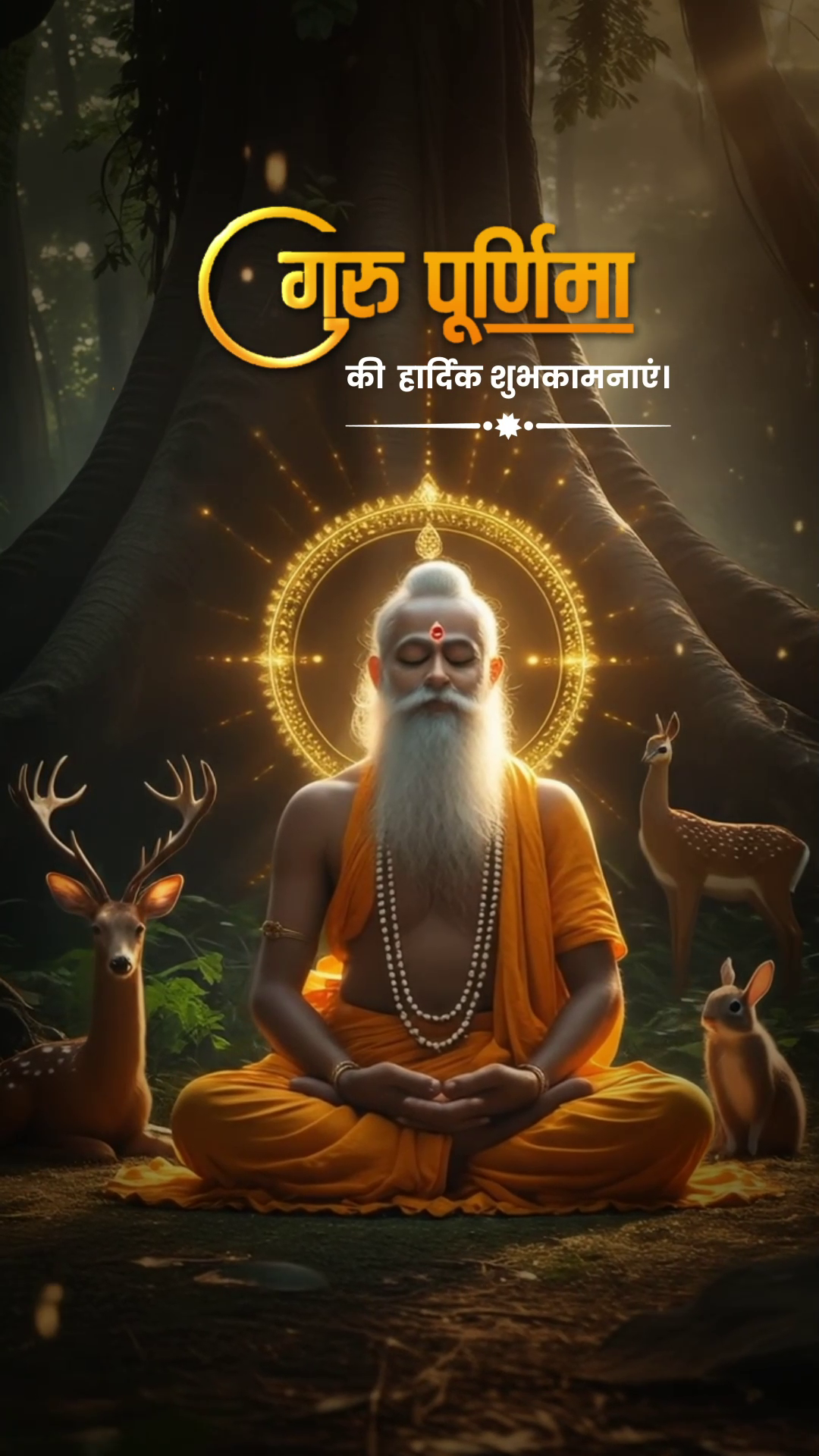 A peaceful sage meditating in a forest surrounded by animals on Guru Purnima