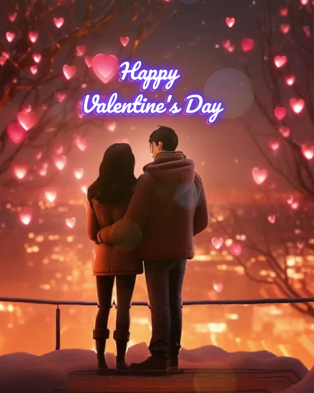 A couple standing together under a heart-filled sky on Valentine's Day