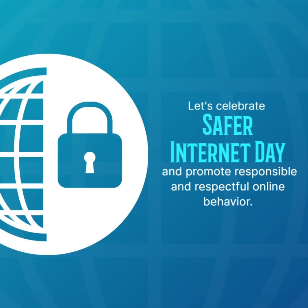 Safer Internet Day graphic featuring a globe and padlock icon on a blue background