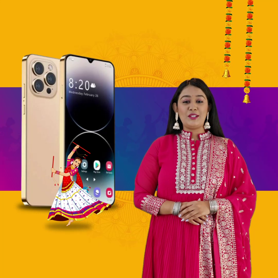 A woman in traditional pink attire standing next to a gold smartphone with a festive Navratri background.