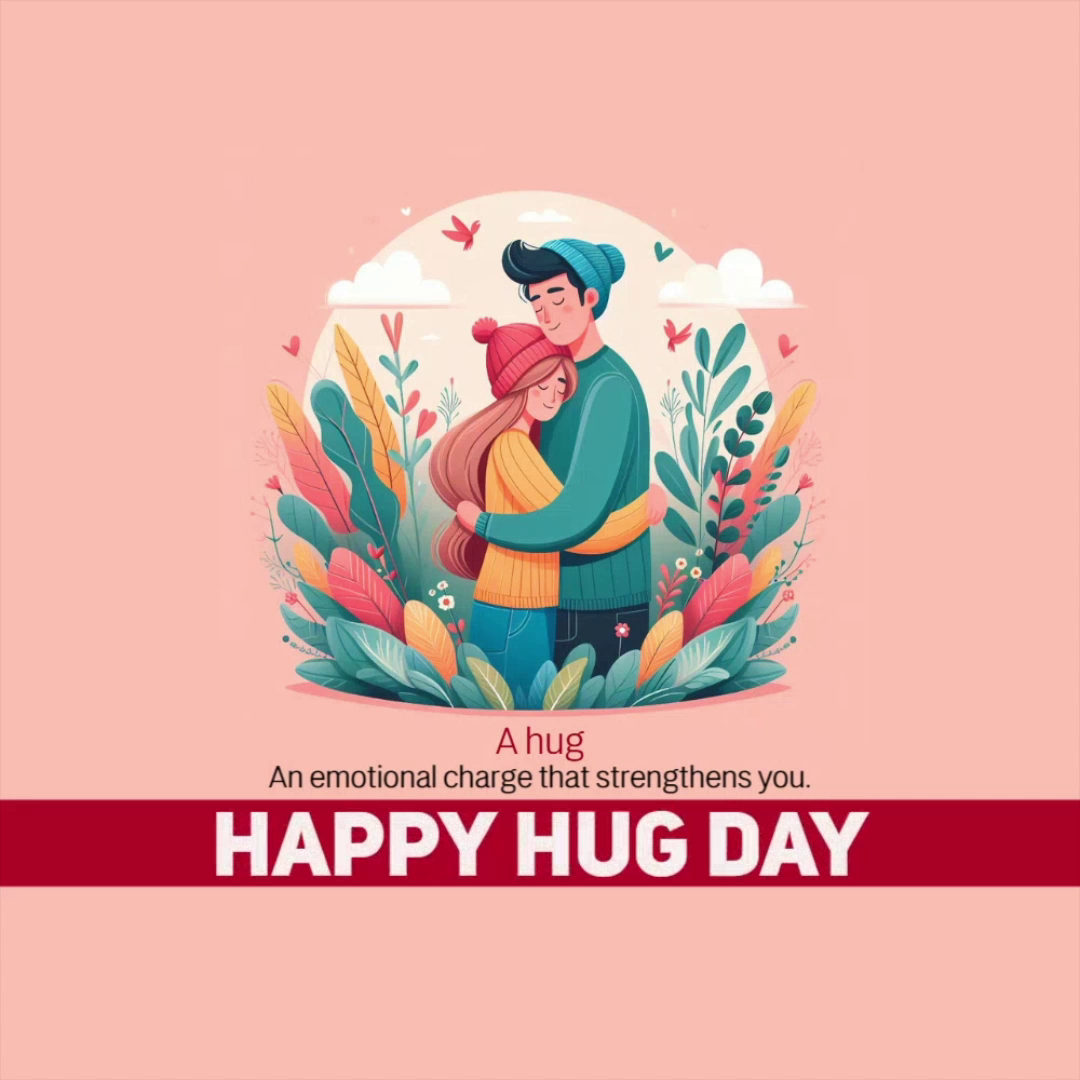 A cartoon-style illustration of a couple hugging amidst vibrant, stylized leaves and plants with the text Happy Hug Day.
