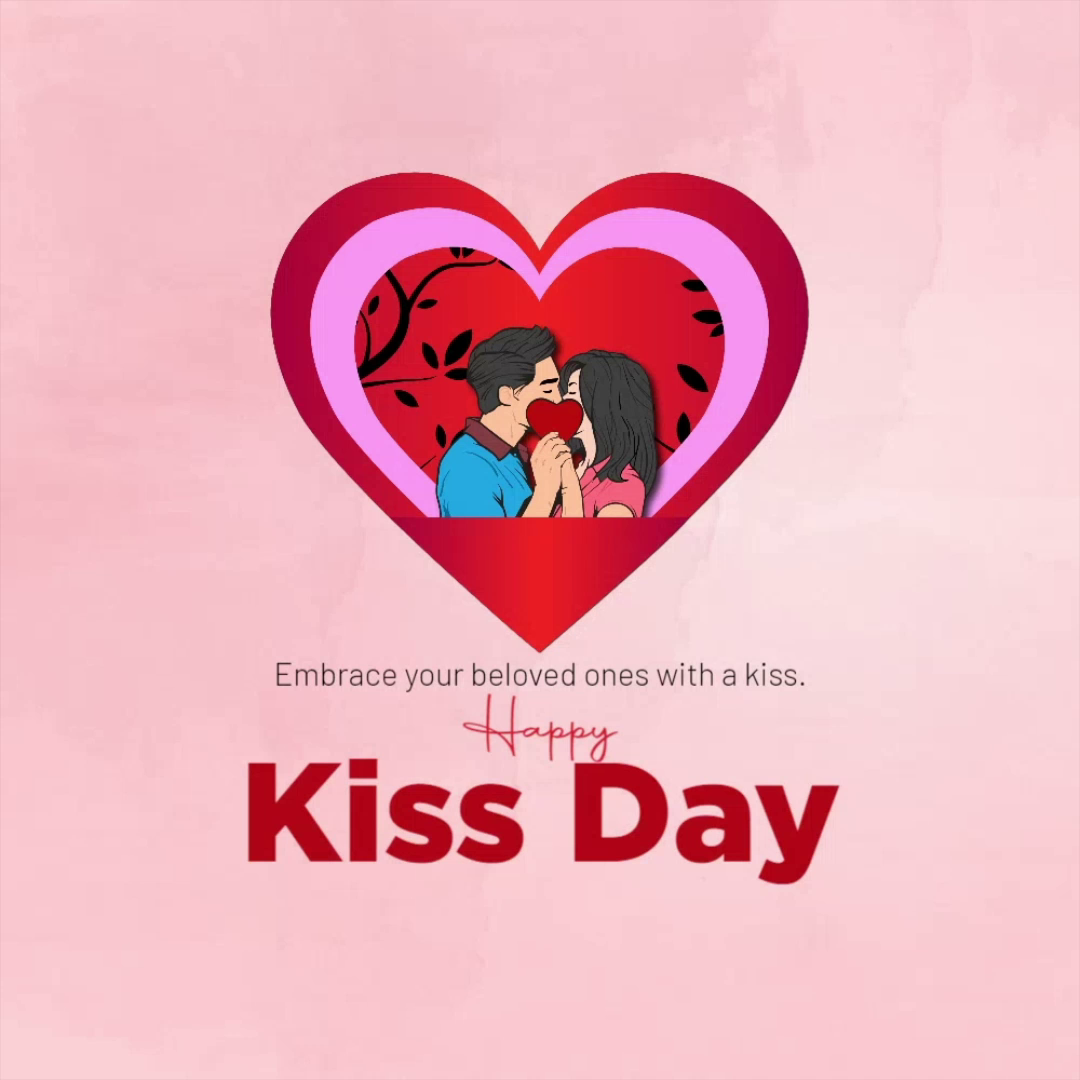 A romantic illustration of a couple kissing behind a red heart for Kiss Day