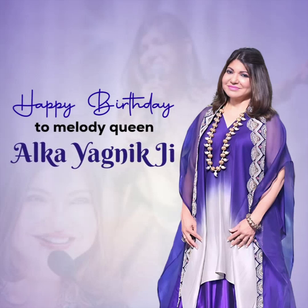 Alka Yagnik wearing a purple outfit with a birthday greeting