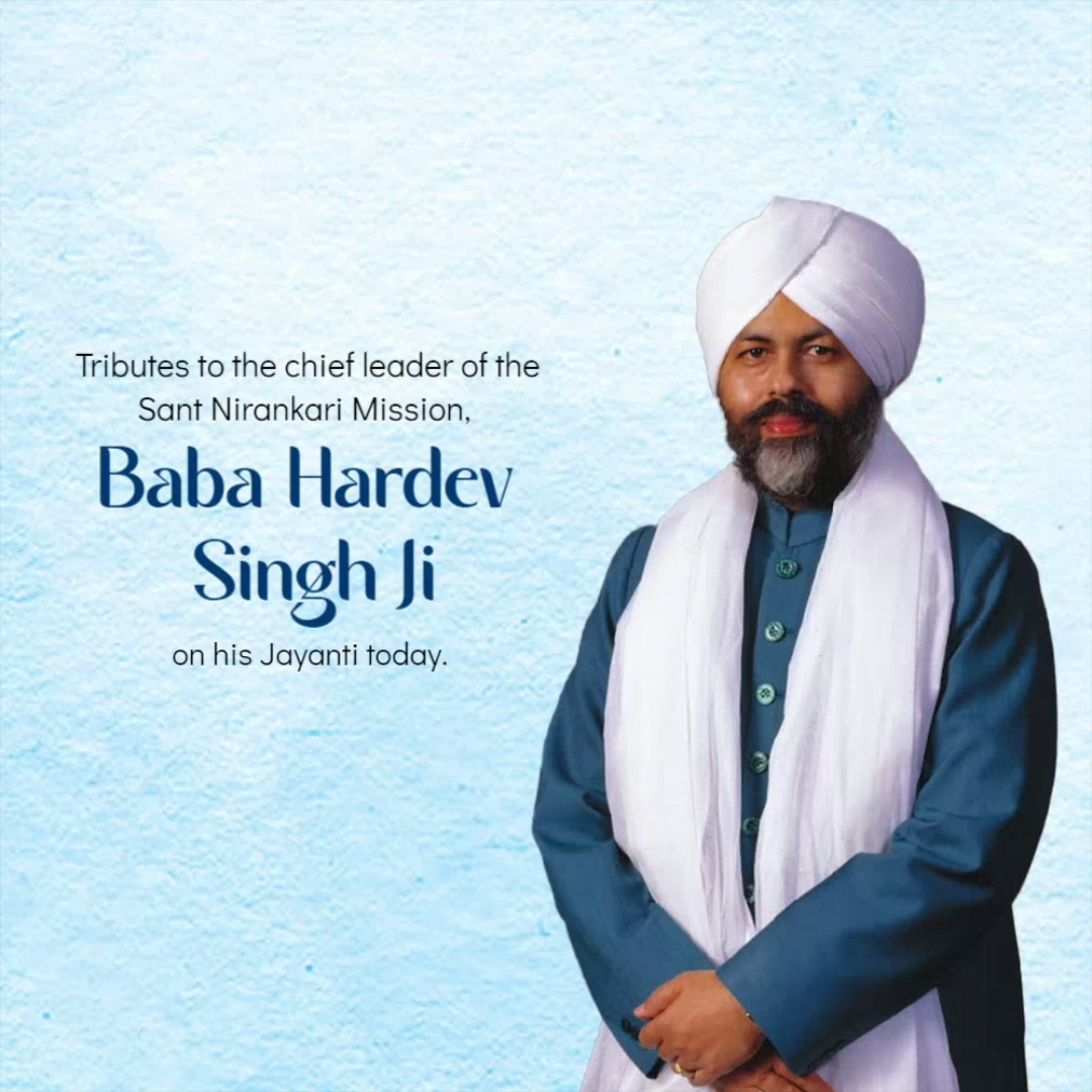 Baba Hardev Singh Ji with a white turban and blue traditional attire against a light blue background
