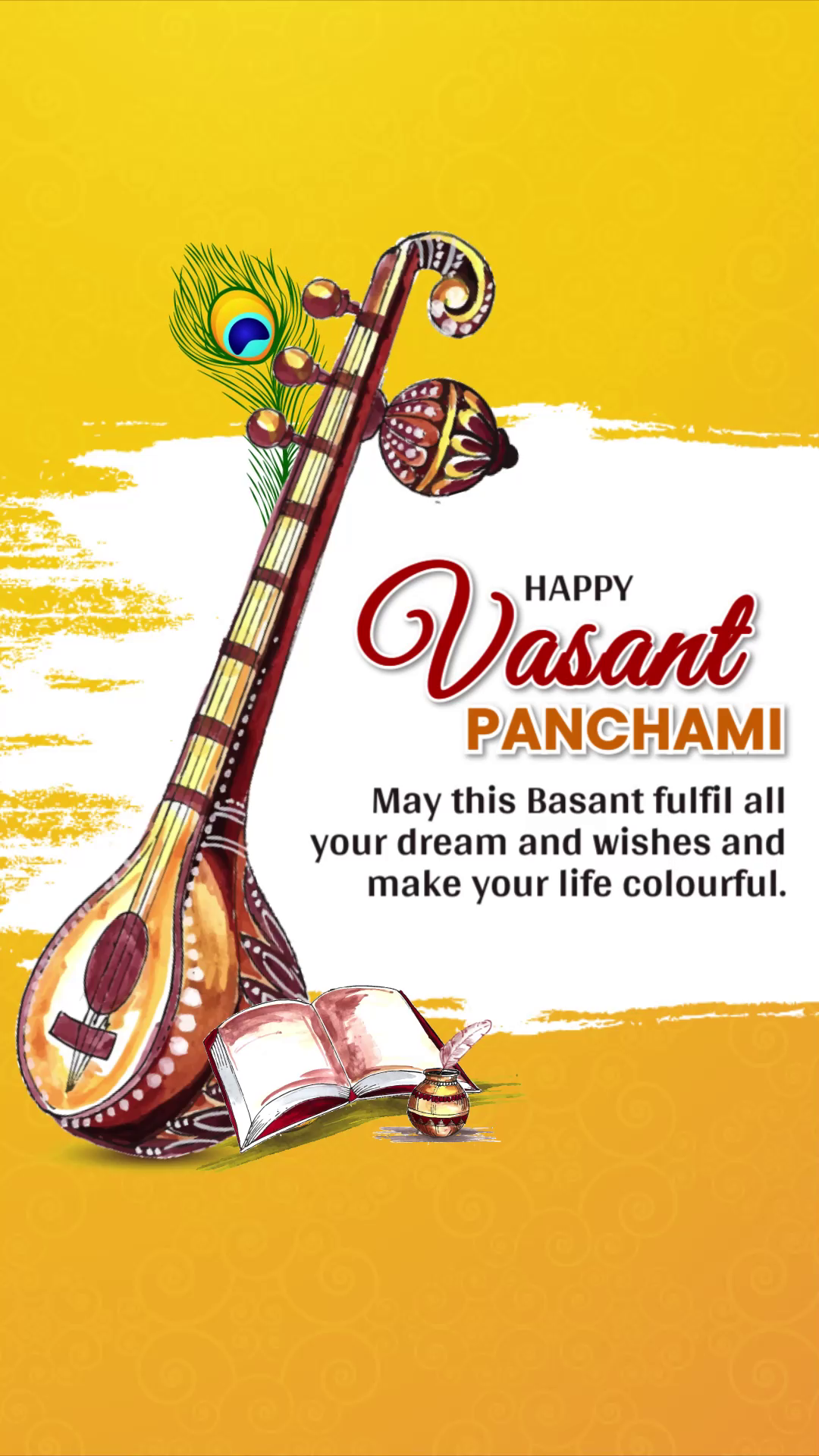 A celebratory Vasant Panchami greeting with a Veena, peacock feather, and open book on a yellow background