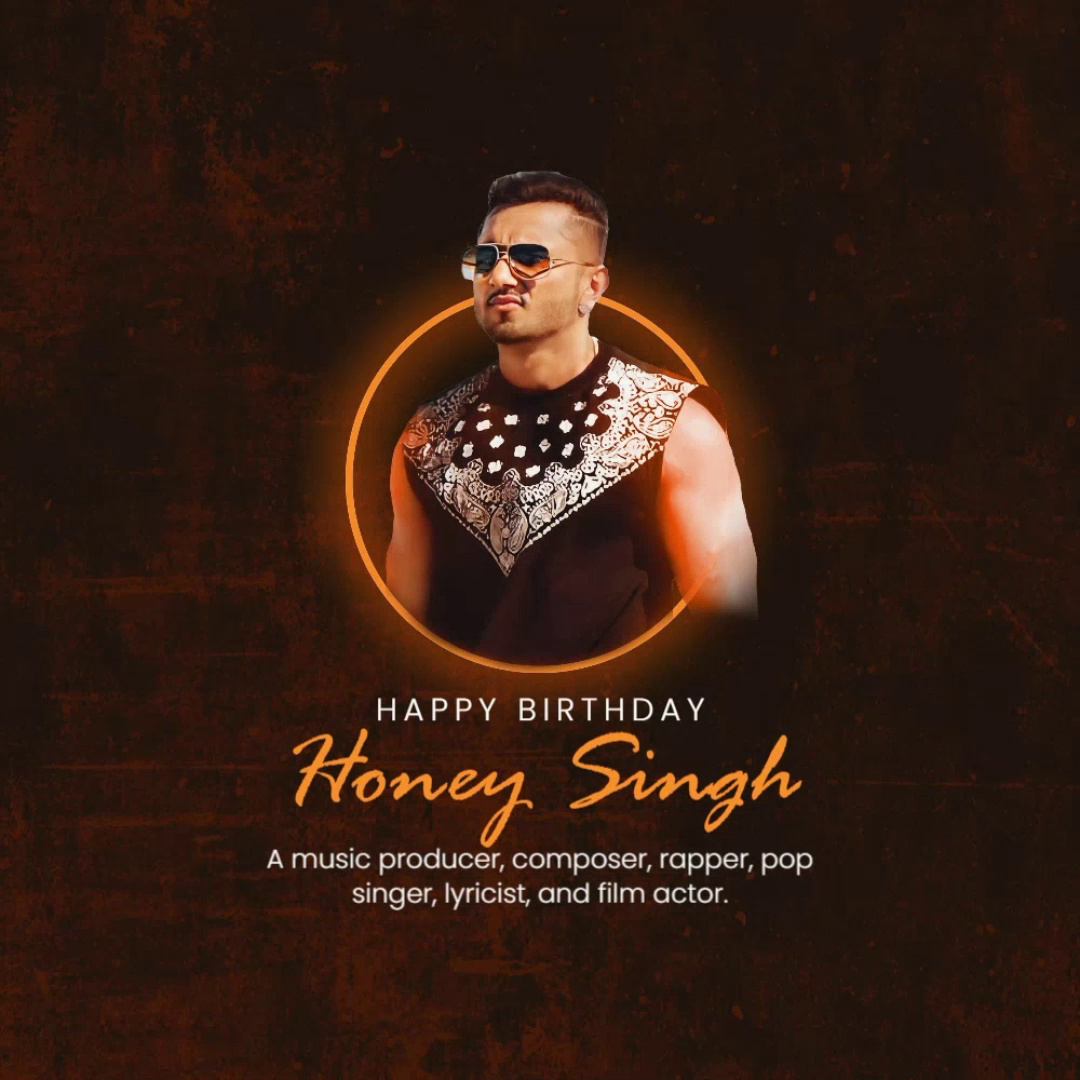 Yo Yo Honey Singh wearing sunglasses in a circular glowing frame with a birthday greeting