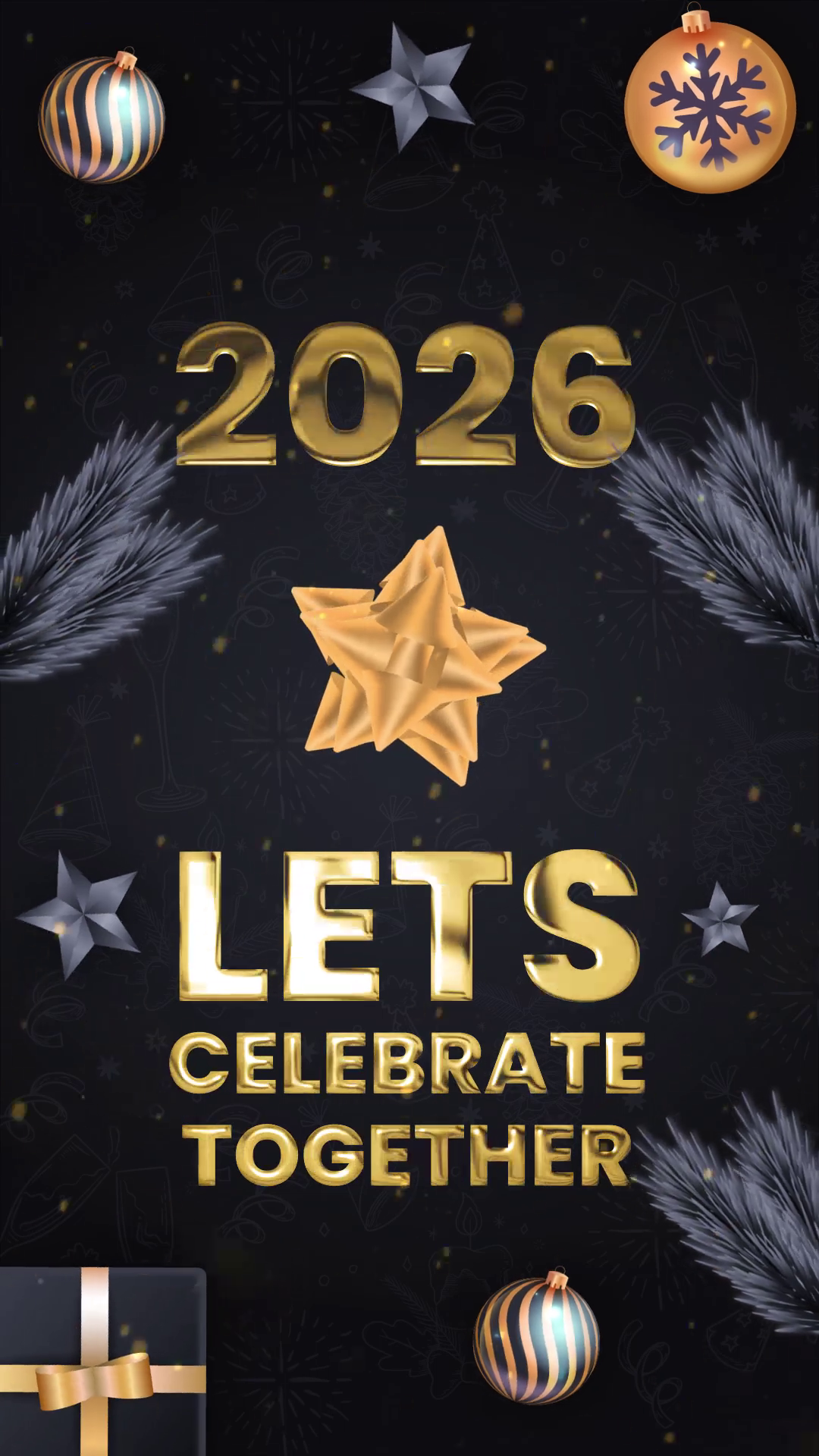 Gold 2026 text with celebratory decorations on a black background