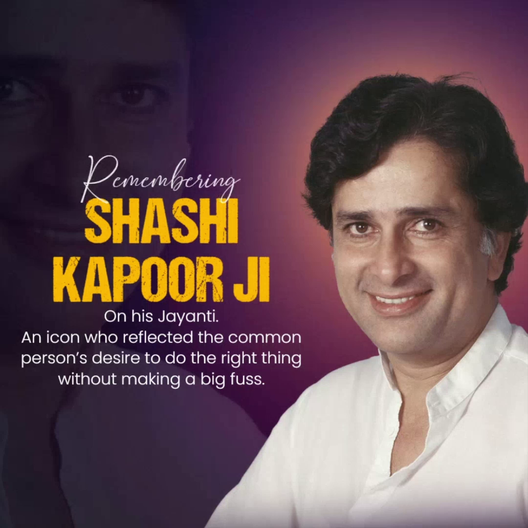 A commemorative social media post honoring the legendary Indian actor Shashi Kapoor on his Jayanti, featuring his portrait against a purple gradient background.
