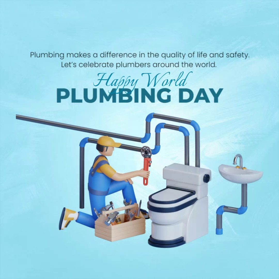 A 3D illustration of a plumber fixing a toilet with pipes and a sink on a light blue background