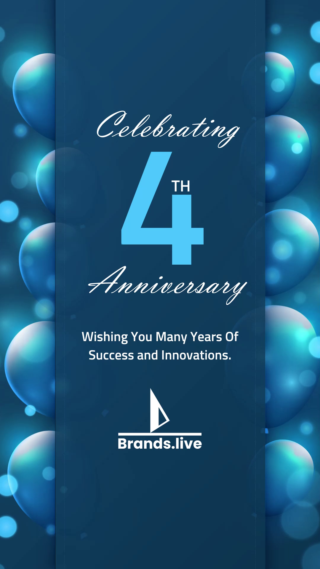 A celebratory 4th-anniversary graphic with blue balloons, glowing bokeh lights, and the text Celebrating 4th Anniversary.