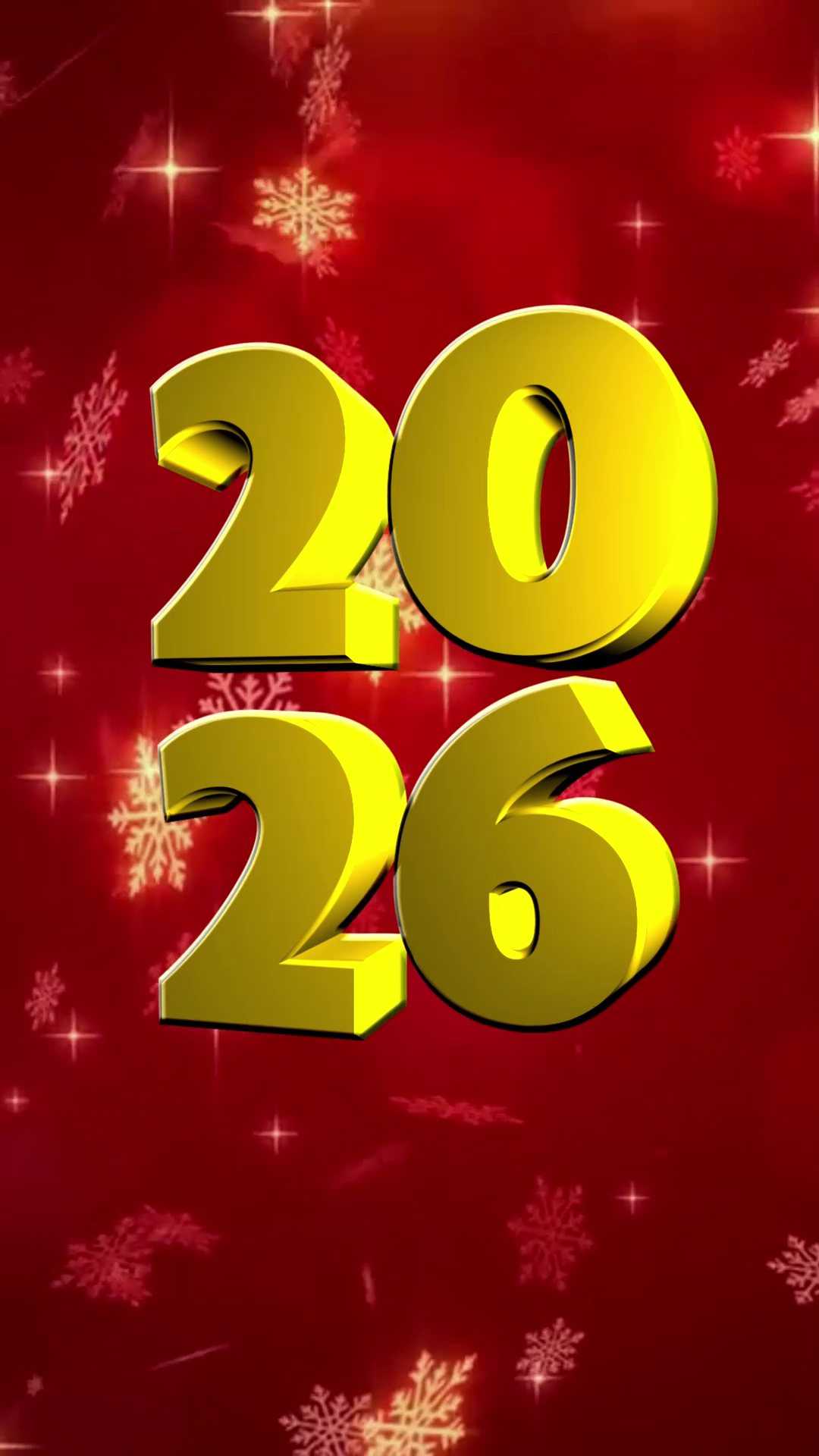 Gold 3D 2026 text on a festive red background with falling snowflakes and sparkle effects.