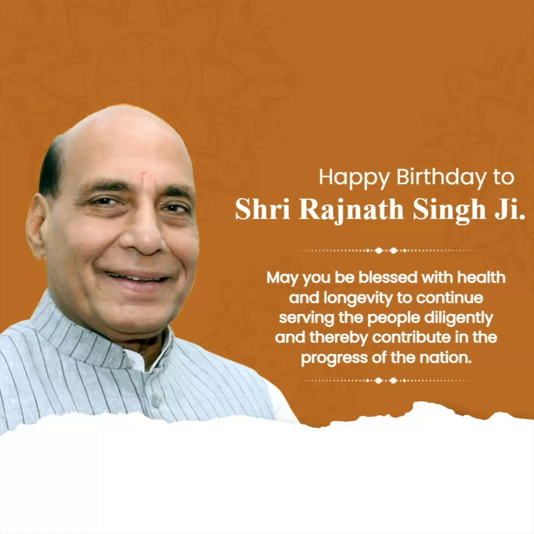 Rajnath Singh smiling portrait with birthday wishes against a saffron background