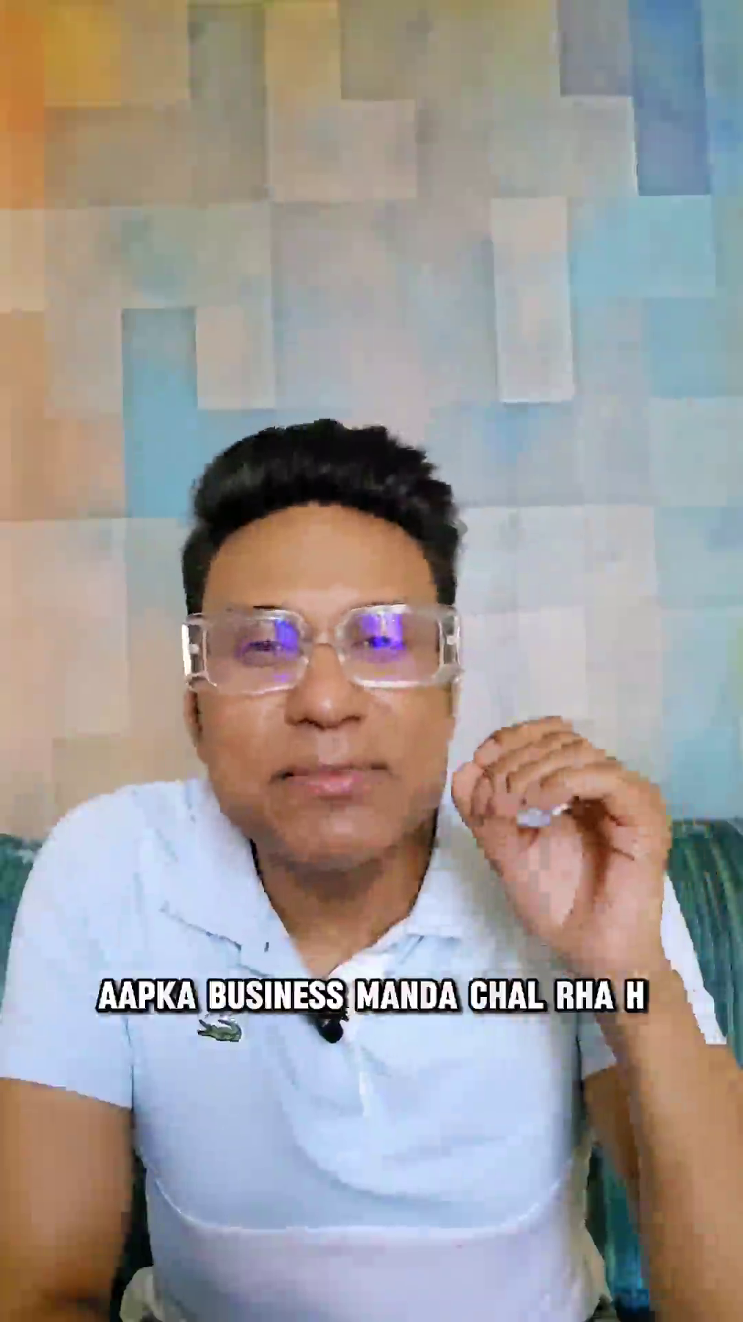 A man in a white polo shirt talking about business growth with a textured background.