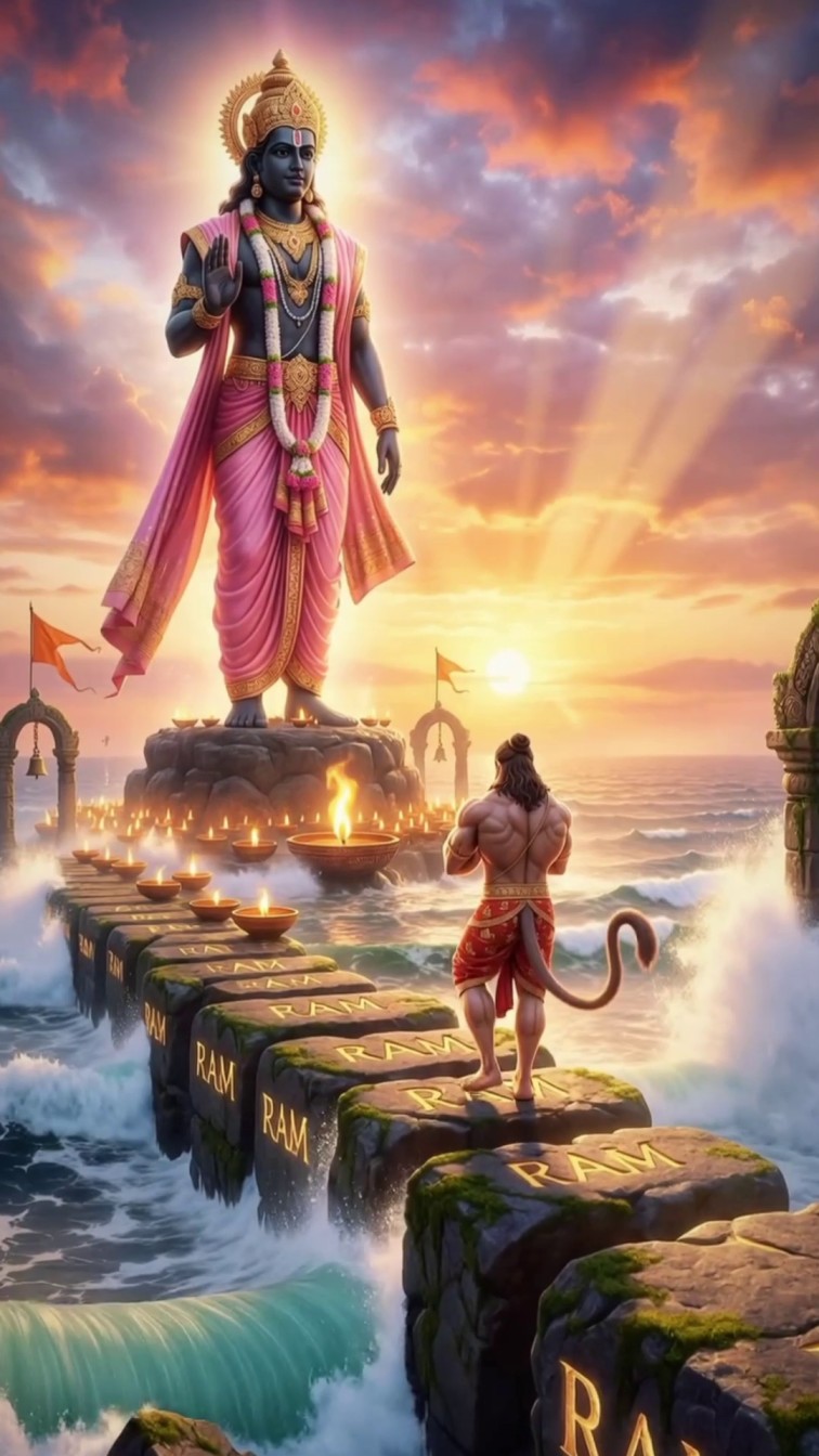 Lord Hanuman standing before a divine statue of Lord Rama at sunset near the ocean