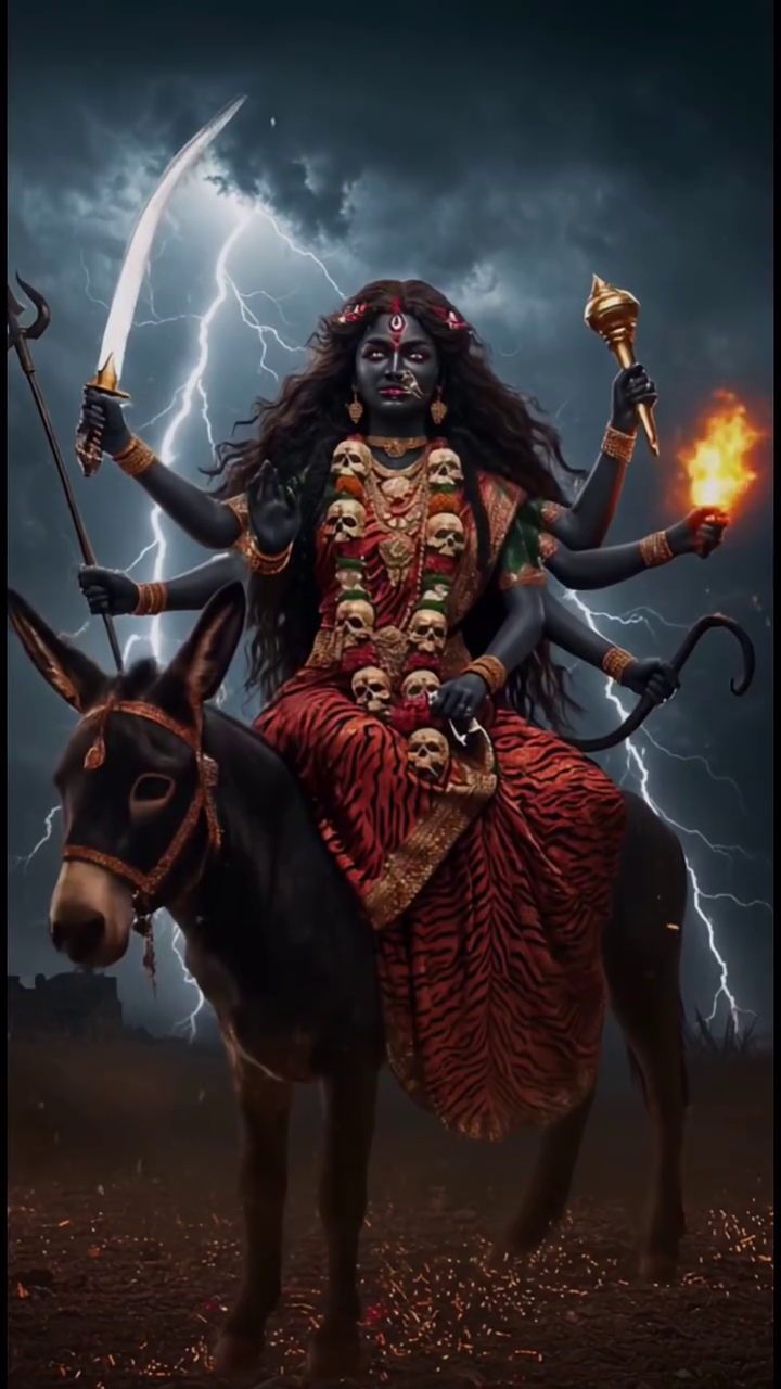 Goddess Kali with many arms riding a donkey against a stormy lightning background