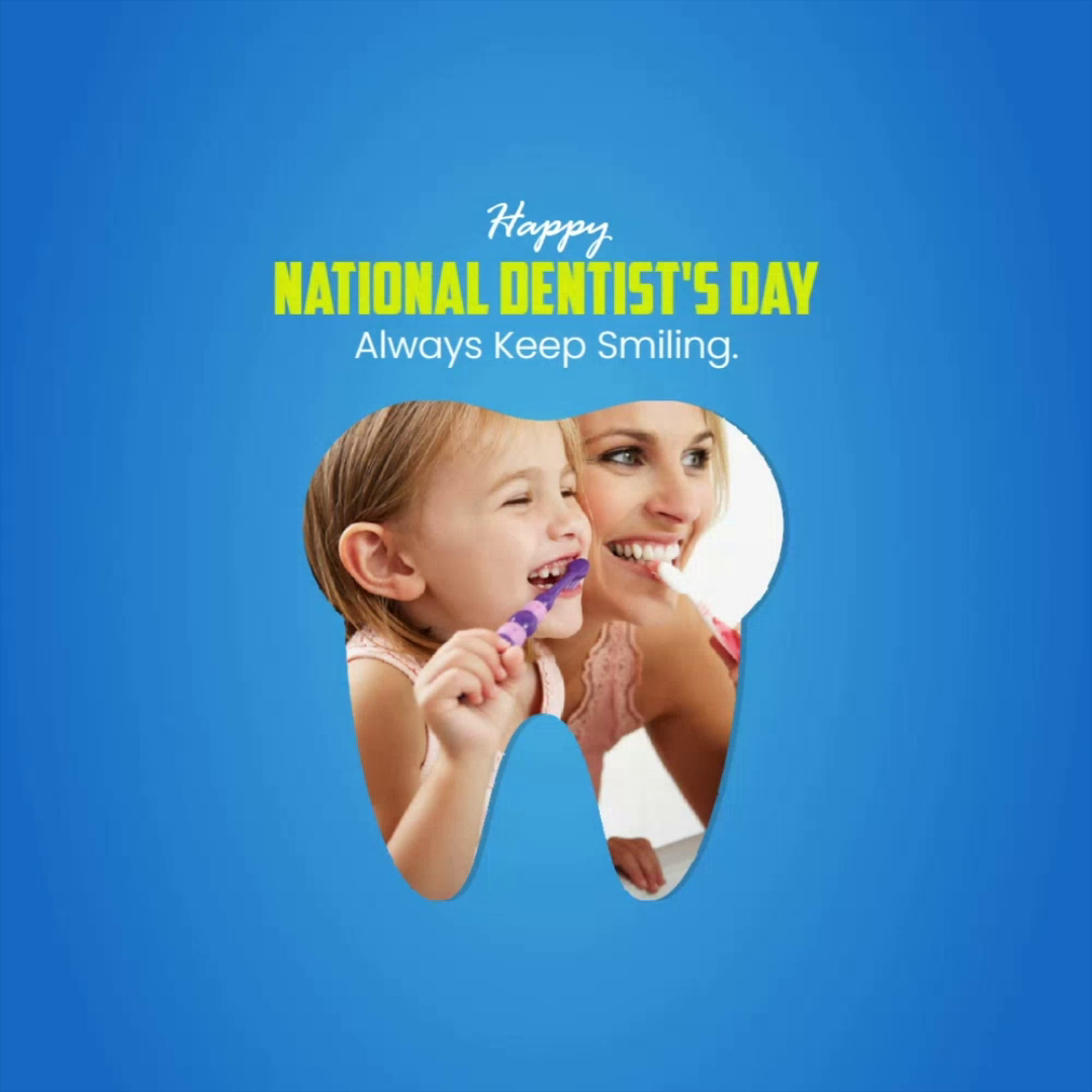 A mother and daughter brushing their teeth inside a tooth-shaped frame for National Dentist's Day