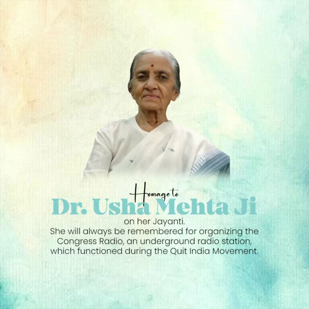 A tribute image for Dr. Usha Mehta Ji featuring her portrait and her contribution to the Indian freedom struggle.