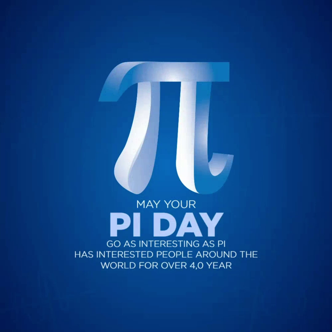 A creative Pi Day graphic with a 3D symbol of Pi against a deep blue background.