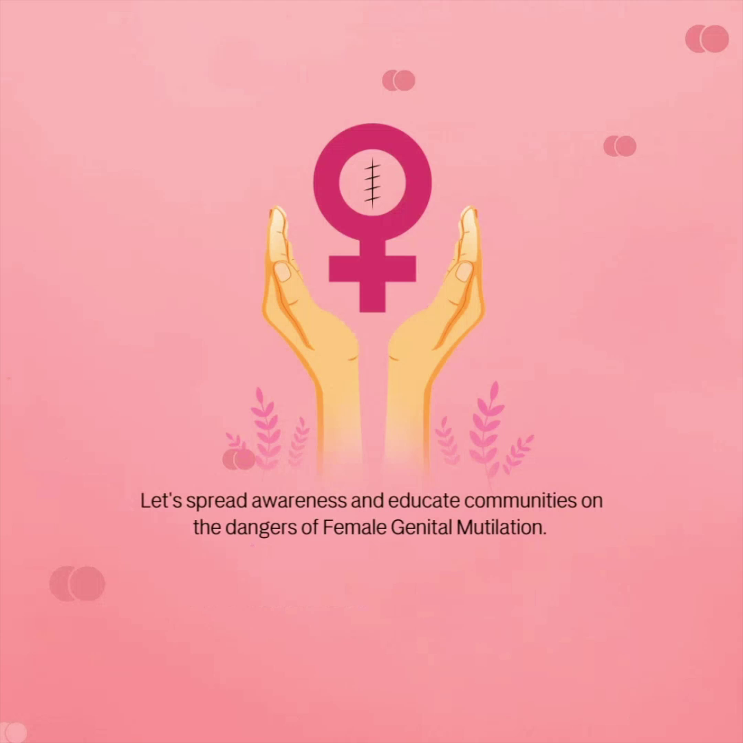 Graphic illustration of hands holding a stitched female symbol representing FGM awareness