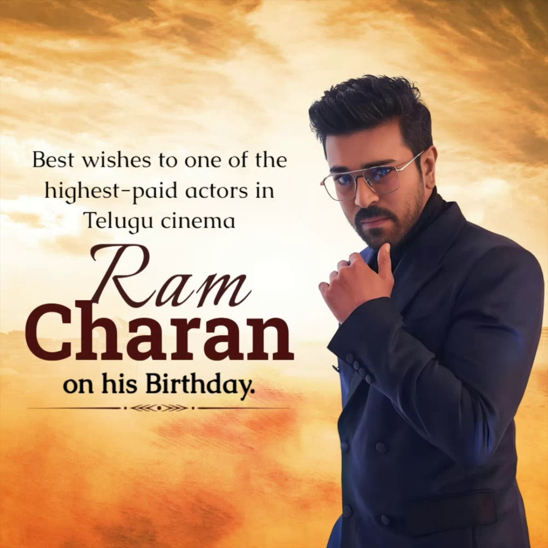 Ram Charan in a navy blue suit against a sunset sky background wishing him a happy birthday