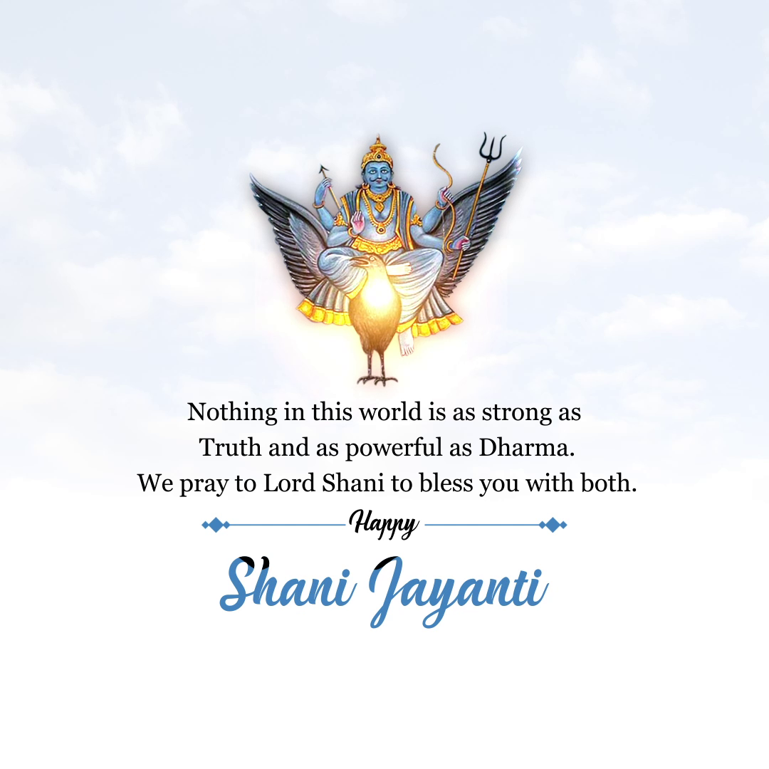 Lord Shani riding a crow with a spiritual quote for Shani Jayanti
