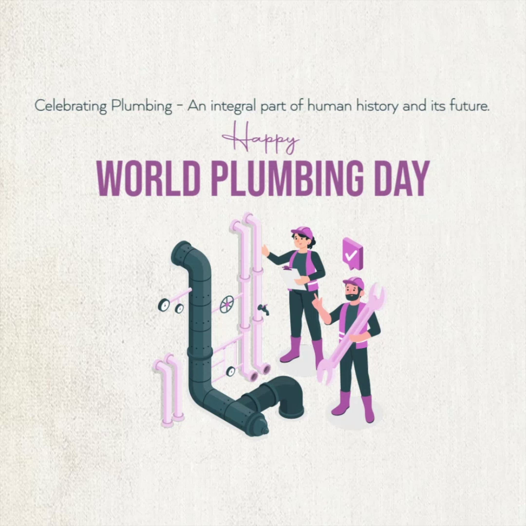 A graphic illustration featuring two plumbers working on a piping system, celebrating World Plumbing Day.