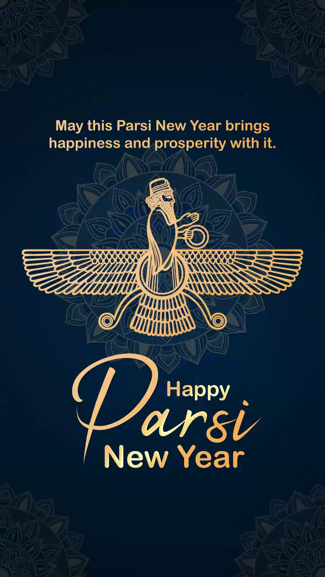 Golden Faravahar symbol with Parsi New Year greeting text on a dark blue background