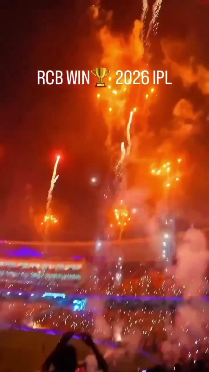Fireworks display in a stadium with text RCB WIN 2026 IPL celebrating a fictional cricket victory