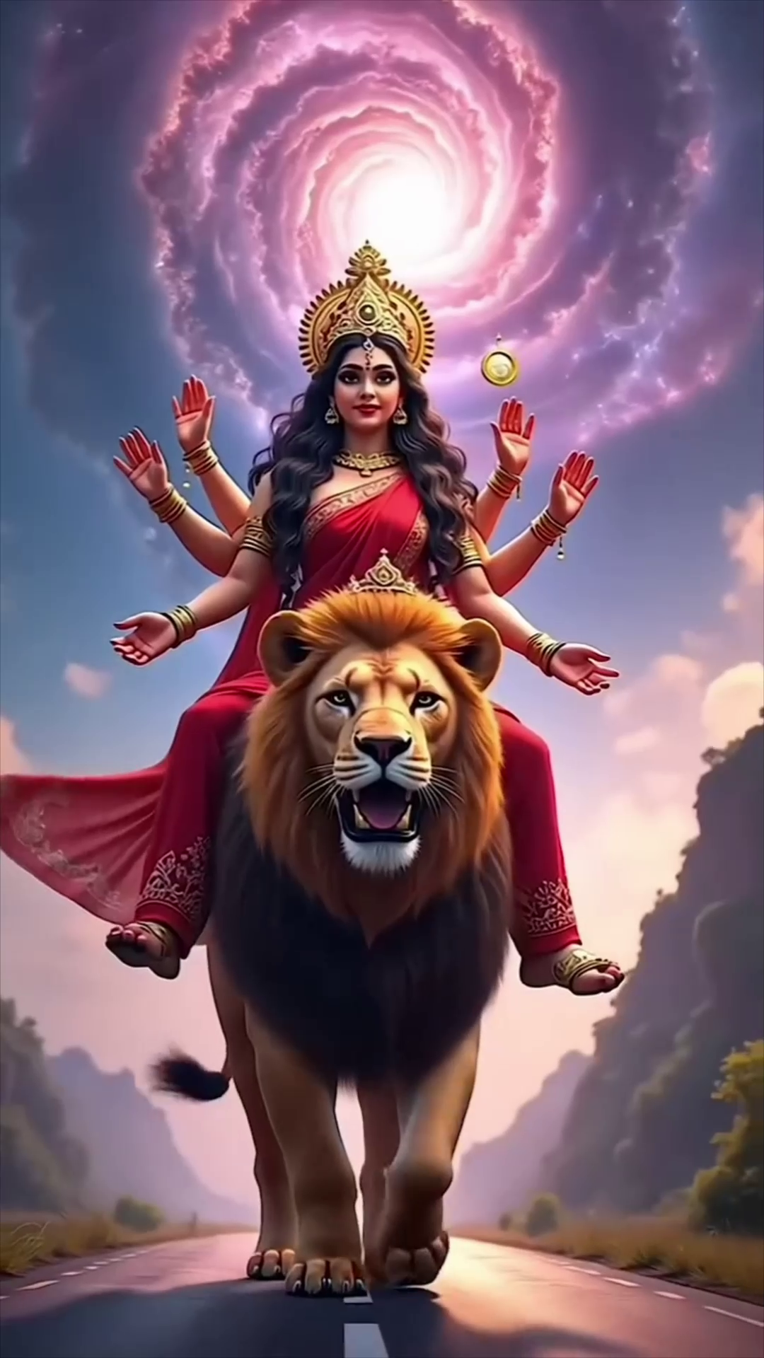 A majestic artistic representation of Goddess Durga with many arms sitting on a lion against a swirling cosmic background