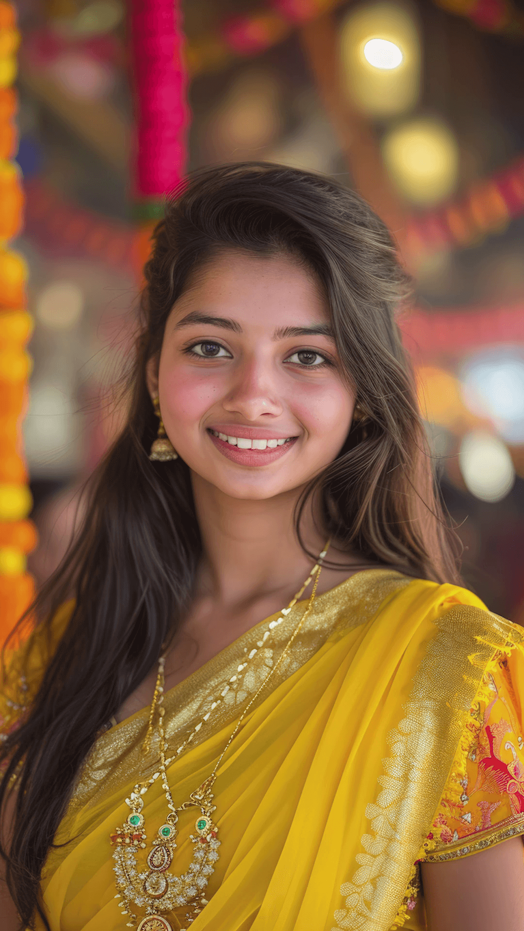 A smiling young Indian woman wearing a bright yellow traditional saree and gold jewelry, standing against a festive blurred background.