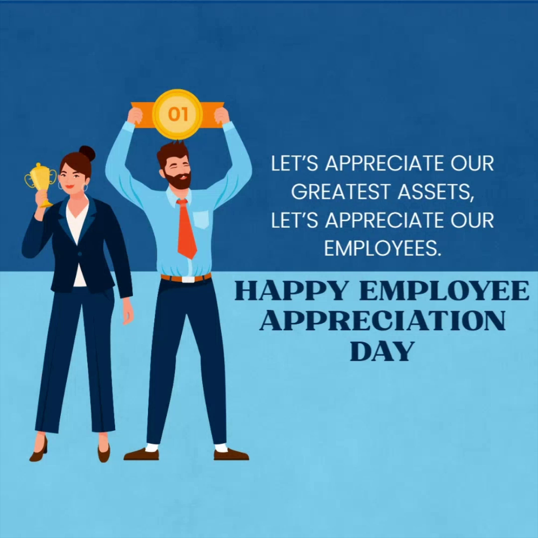 A celebratory illustration for Employee Appreciation Day featuring a woman holding a trophy and a man holding an award banner.