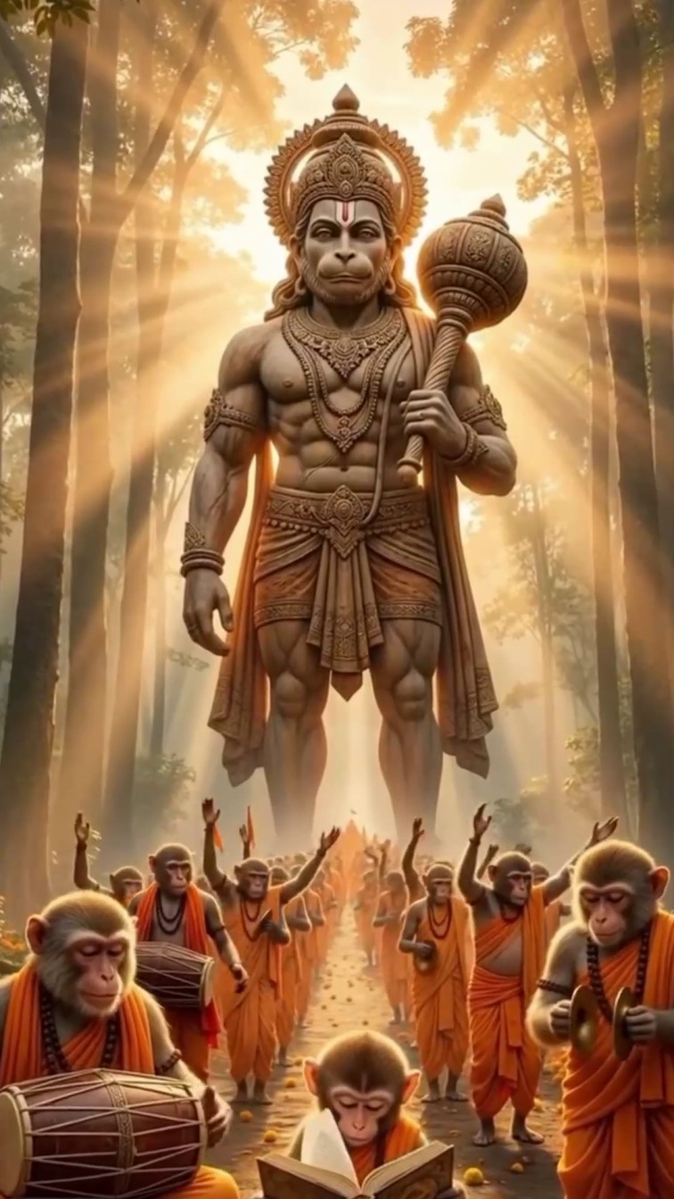 A majestic stone statue of Lord Hanuman standing in a forest surrounded by a group of monkeys dressed in orange robes, playing traditional instruments and reading scriptures.
