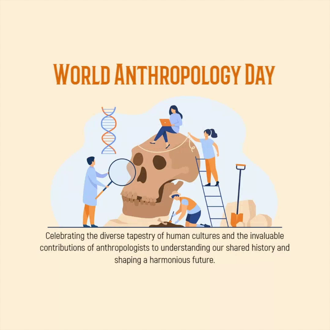 Illustration of researchers studying a large skull representing anthropological science for World Anthropology Day
