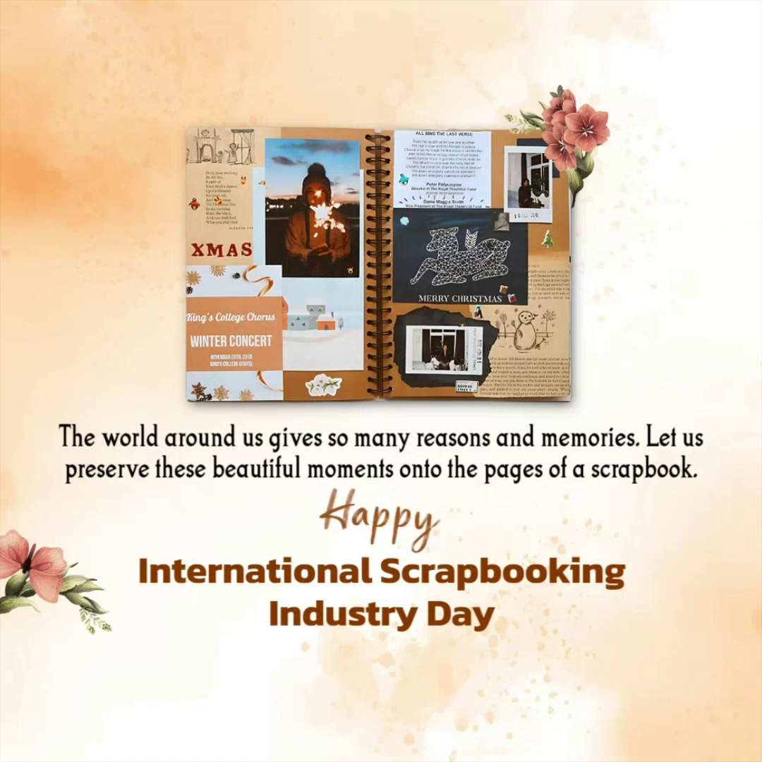 A festive scrapbook layout featuring holiday photos and memories to celebrate International Scrapbooking Industry Day.