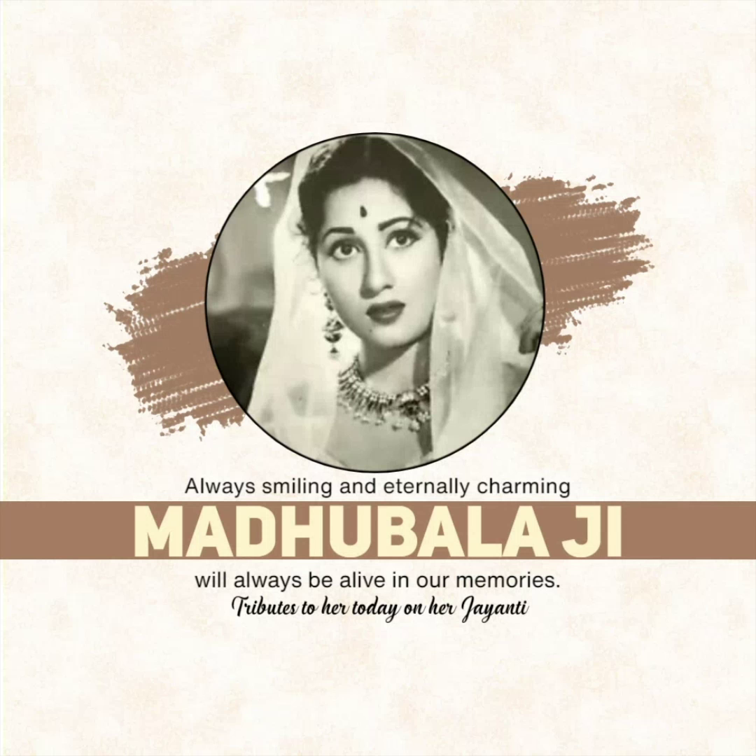 A vintage portrait of Indian actress Madhubala with a memorial tribute message
