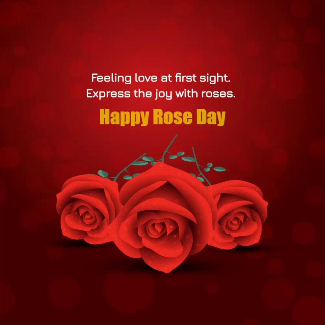 Three beautiful red roses against a glowing red background with Happy Rose Day text